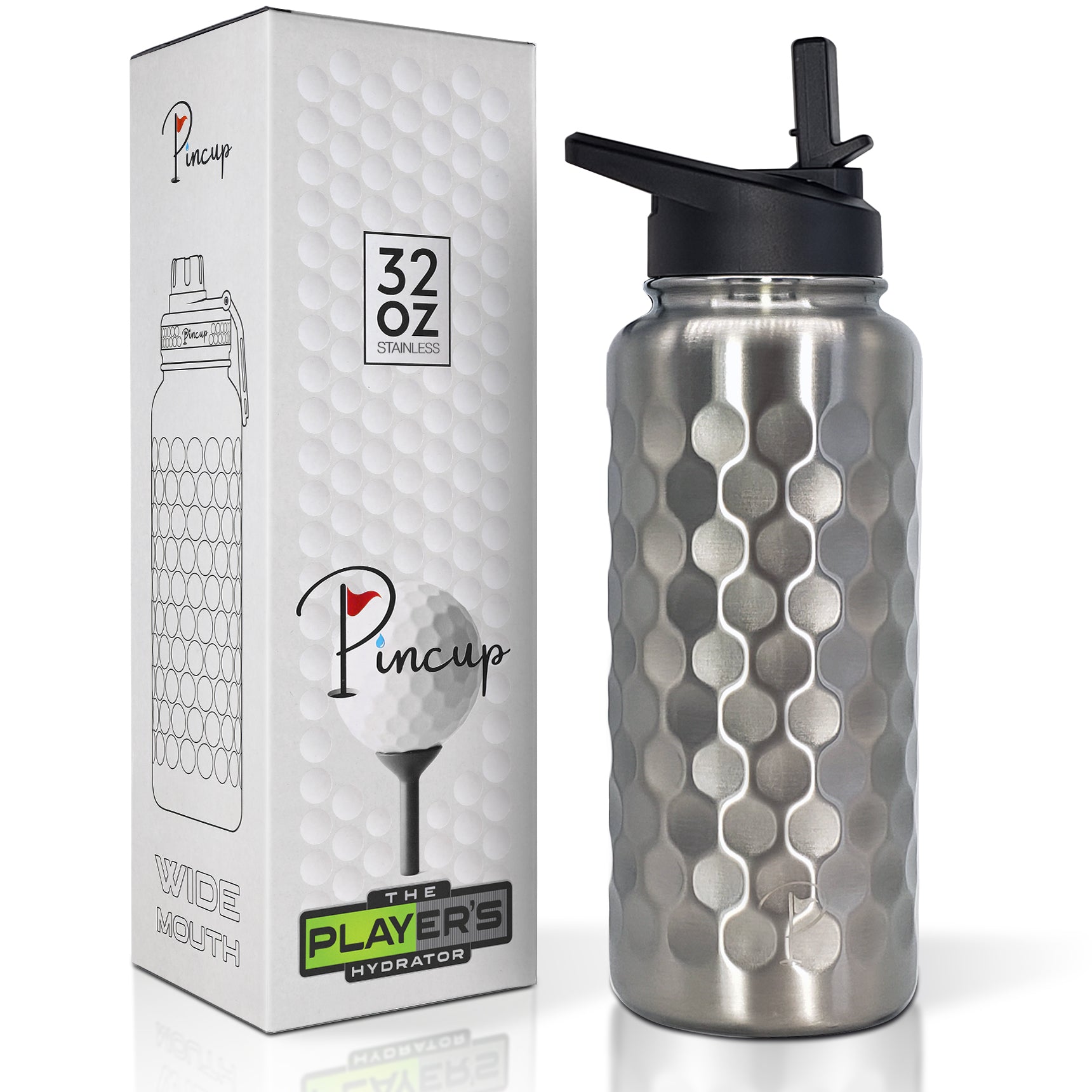 32 oz stainless steel water bottle with straw lid for easy sipping.