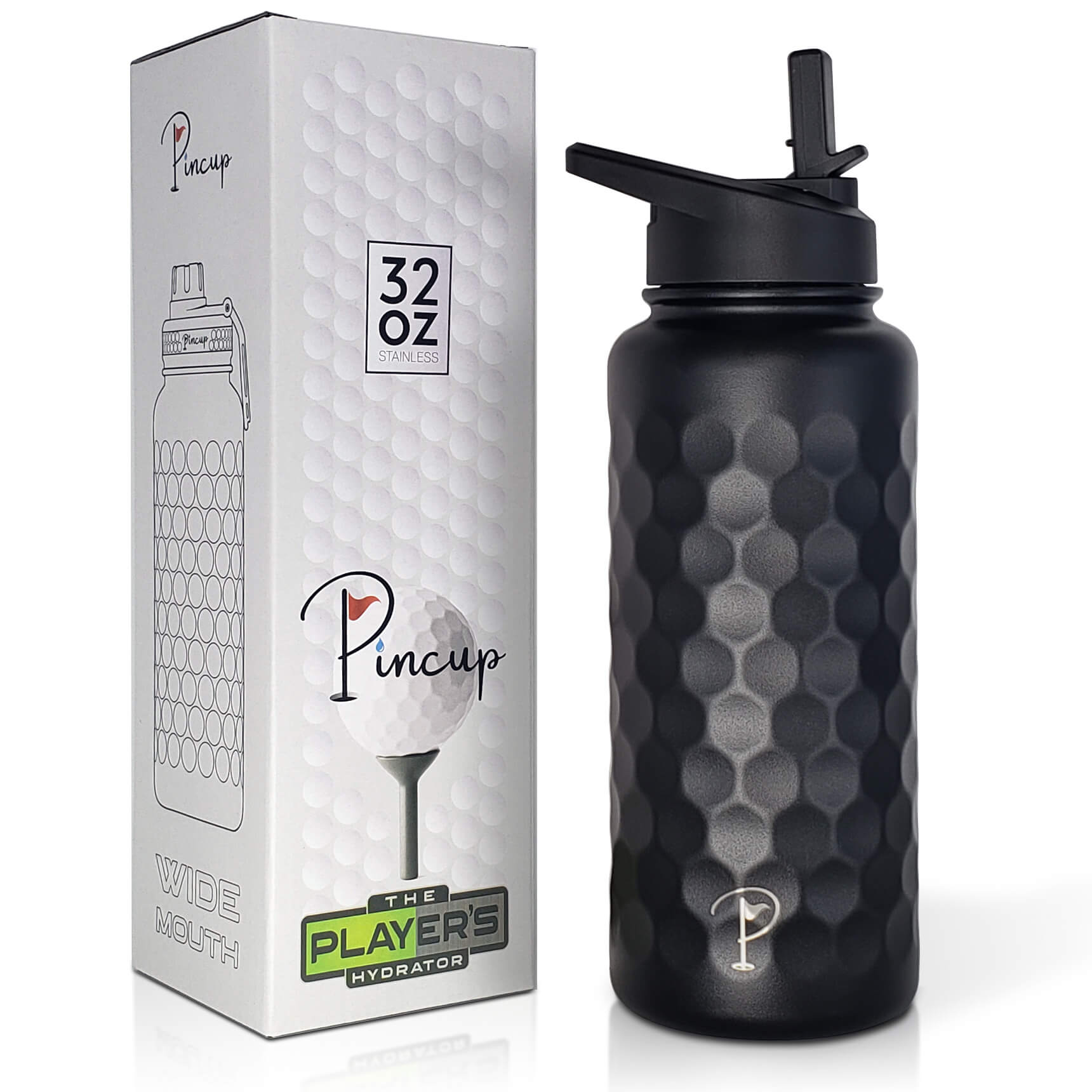 32 oz black water bottle with straw lid, ideal for active hydration.