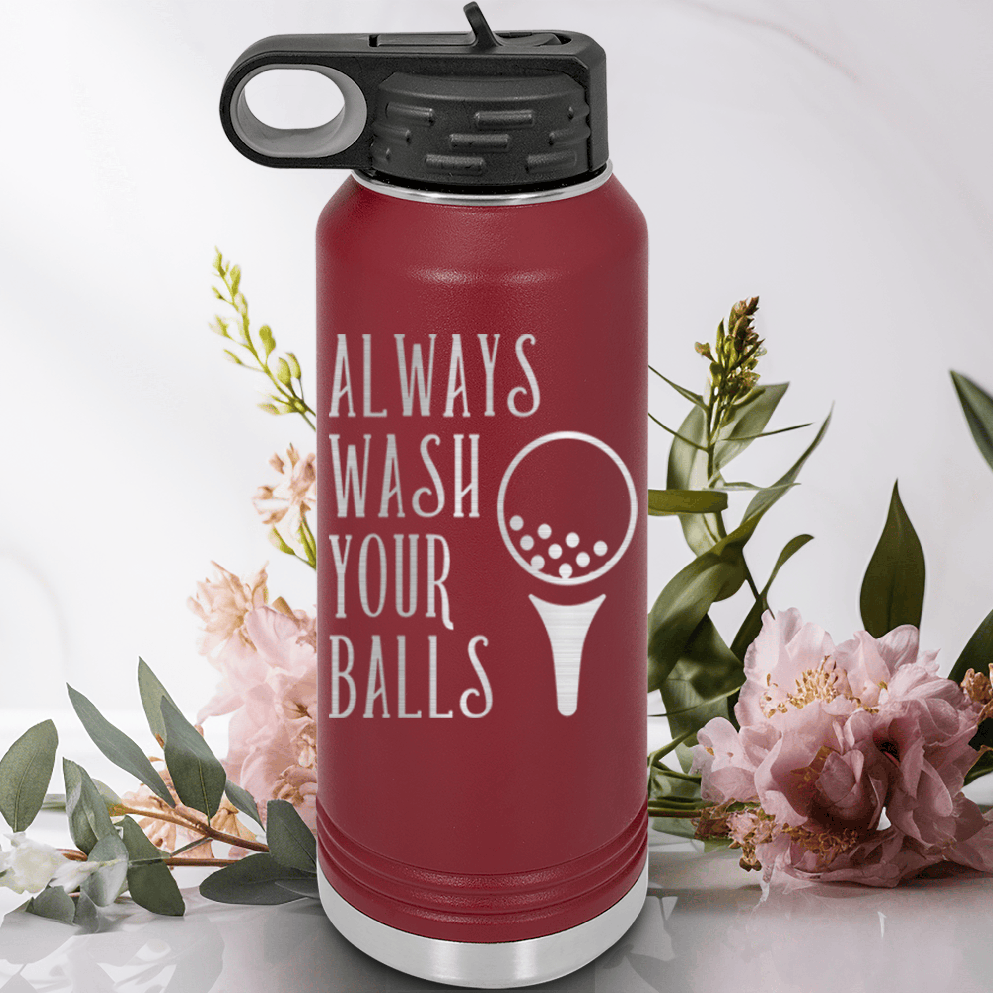 Maroon golf water bottle Always Wash Your Balls