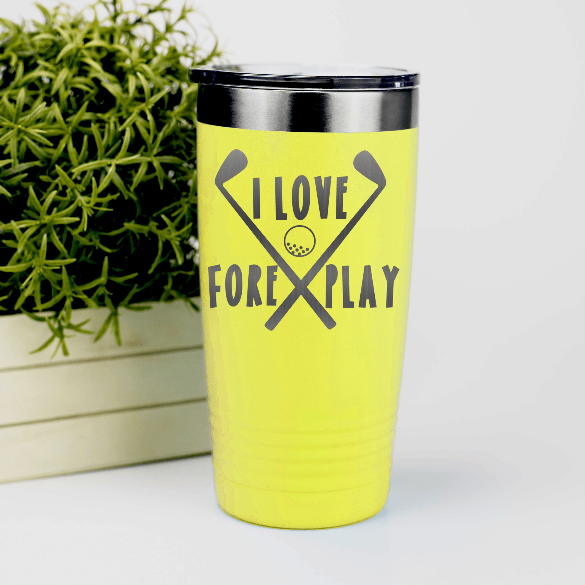 Yellow golf tumbler I Love Foreplay