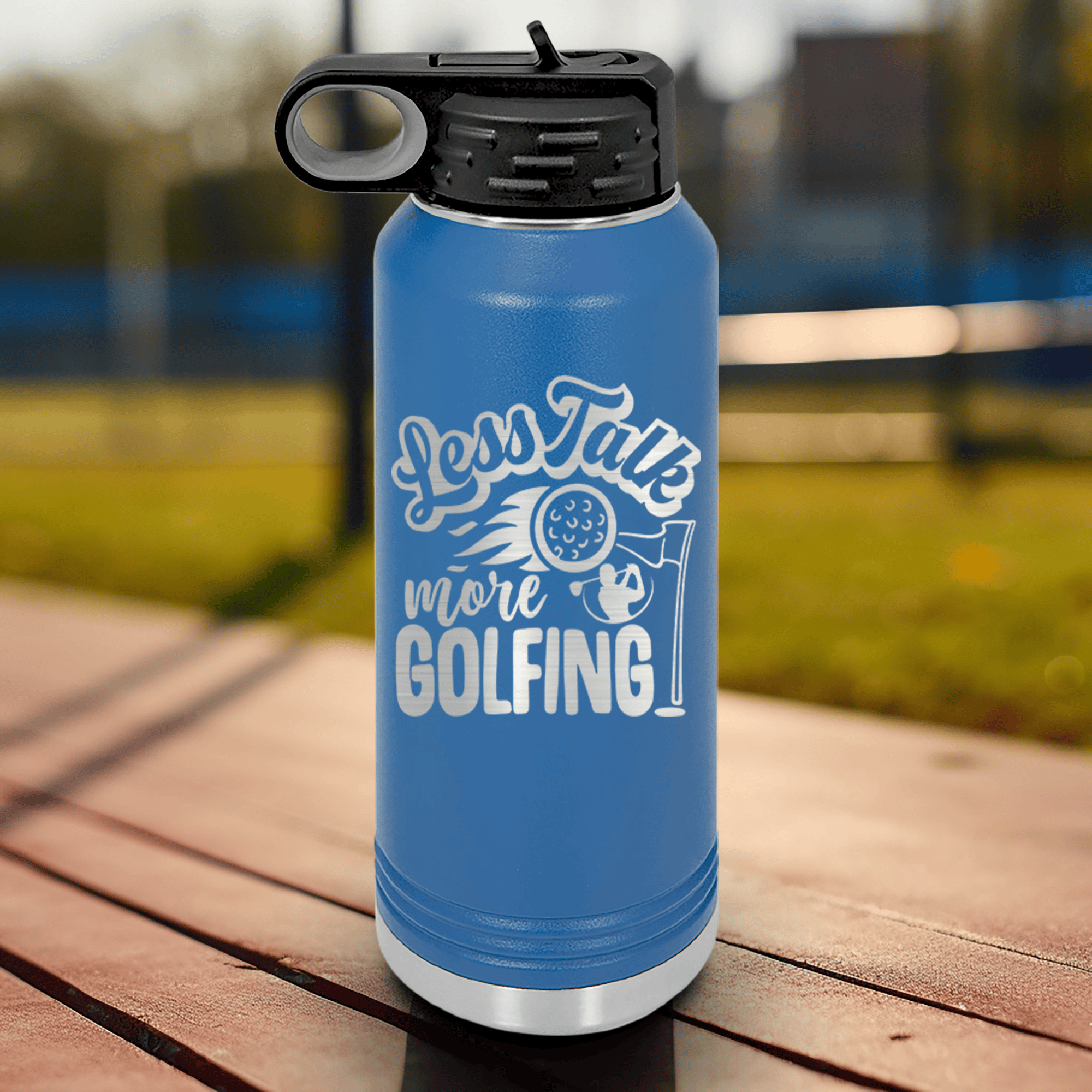 Blue golf water bottle Less Talk More Golf