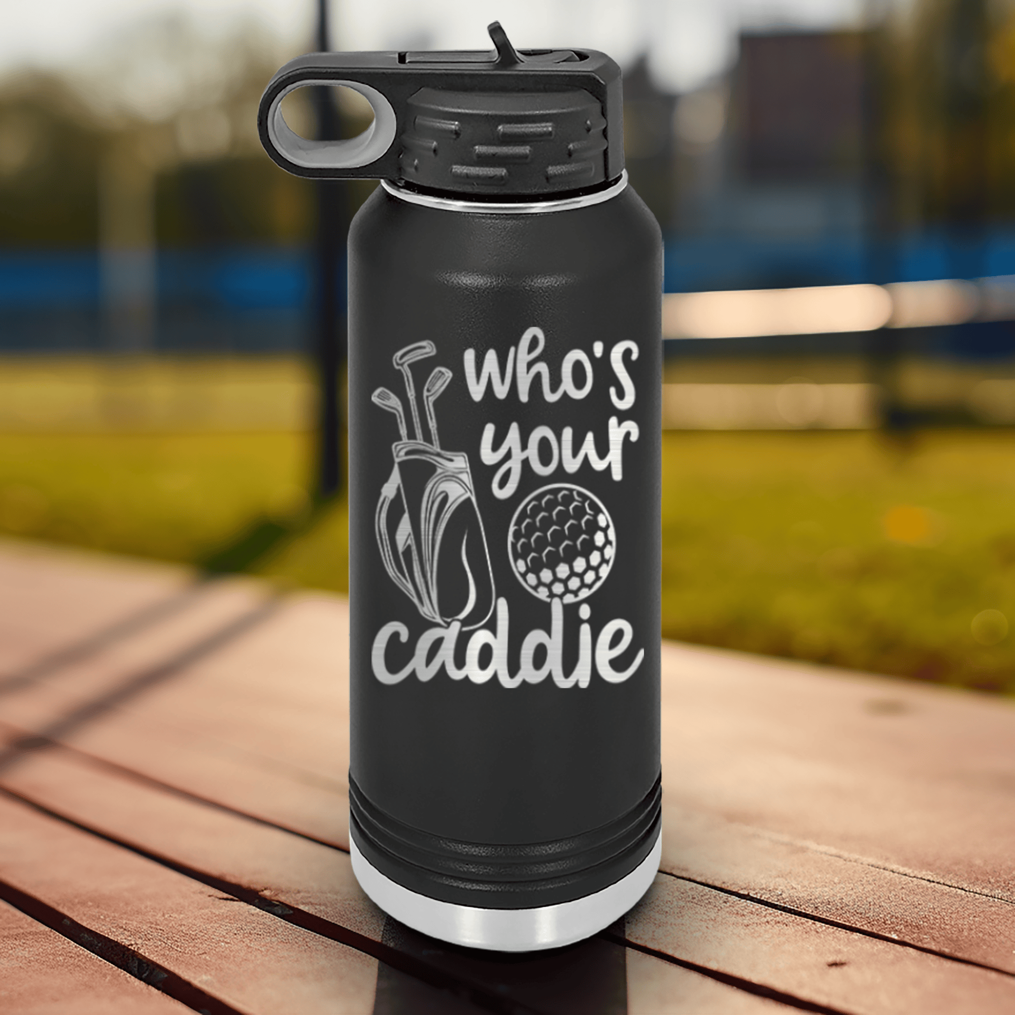 Black golf water bottle Whos Your Caddie