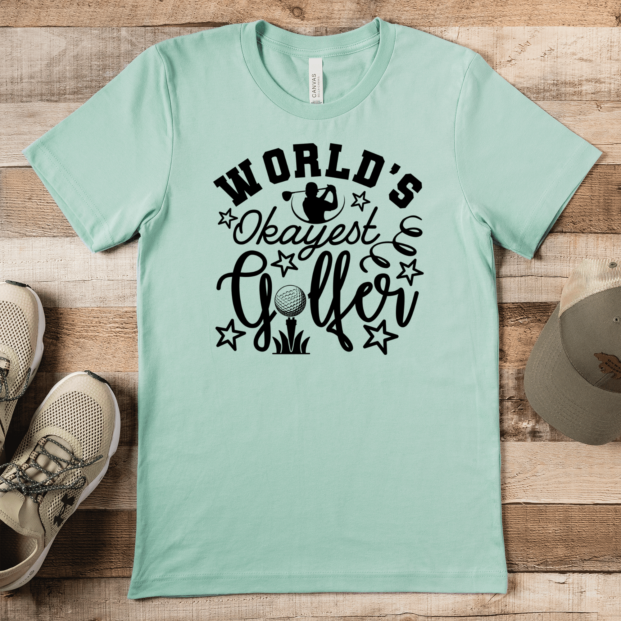 Light Green Mens T-Shirt With Worlds Kinda Good Gofler Design